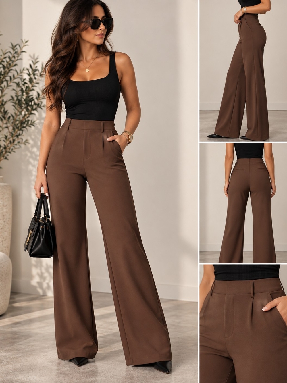 HALARA Brown High-Waist Wide-Leg Pants